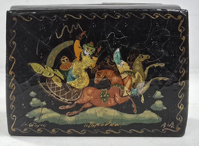 CUTIUTA  DIN LEMN  LACUIT , PICTATA  MANUAL , SCENA DE IARNA , RUSIA , PERIOADA INTERBELICA