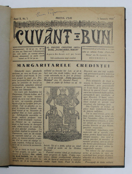 CUVANT BUN , REVISTA FRATIEI CRESTINE ORTODOXE ' PATRIARHUL MIRON ' , ANUL X , NUMERELE 1 - 24 , COLEGAT , 1 IANUARIE - 15 DECEMBRIE , 1937