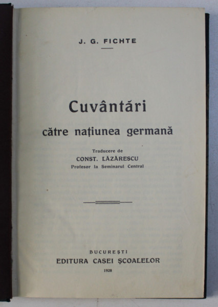 CUVANTARI CATRE NATIUNEA GERMANA de J.G. FICHTE  1928