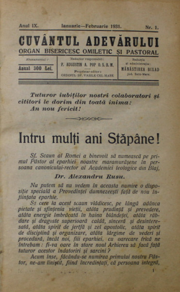 CUVANTUL ADEVARULUI -  ORGAN BISERICESC OMILETIC SI PASTORAL , ANUL IX , COLIGAT DE SASE NUMERE CONSECUTIVE , IANUARIE - DECEMBRIE , 1931