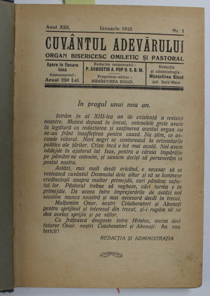 CUVANTUL ADEVARULUI - ORGAN BISERICESC OMILETIC SI PASTORAL , ANUL XIII , COLIGAT DE 12 NUMERE CONSECUTIVE , AN COMPLET , 1935
