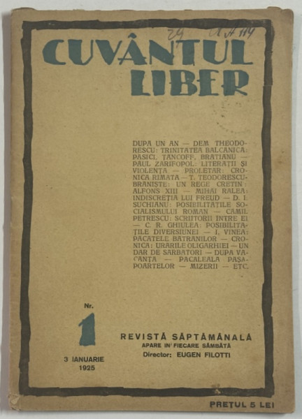 CUVANTUL LIBER , REVISTA SAPTAMANALA , NR. 1  , 1925