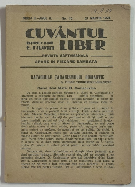 CUVANTUL LIBER , REVISTA SAPTAMANALA , NR. 12 , 1926