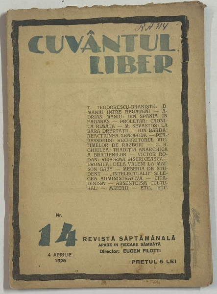 CUVANTUL LIBER , REVISTA SAPTAMANALA , NR. 14 , 1925