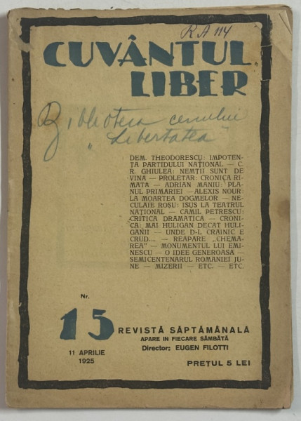 CUVANTUL LIBER , REVISTA SAPTAMANALA , NR. 15 , 1925
