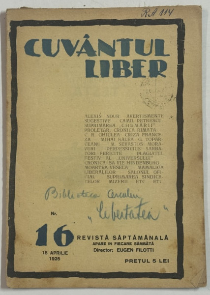 CUVANTUL LIBER , REVISTA SAPTAMANALA , NR. 16 , 1925