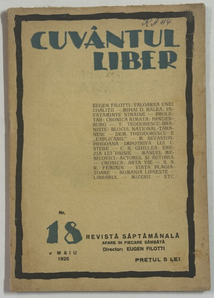 CUVANTUL LIBER , REVISTA SAPTAMANALA , NR. 18 , 1925