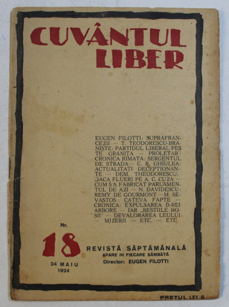 CUVANTUL LIBER  - REVISTA SAPTAMANALA , NR . 18 , 24 MAIU , 1924