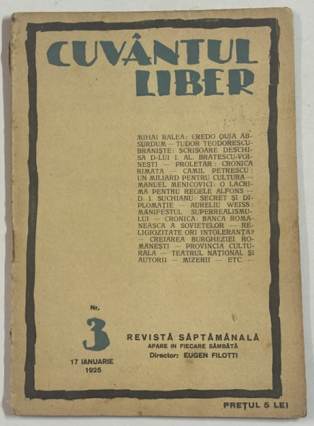 CUVANTUL LIBER , REVISTA SAPTAMANALA , NR. 3 , 1925