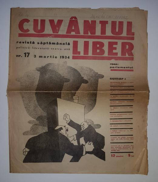 CUVANTUL LIBER , REVISTA SAPTAMANALA , POLITICA - LITERATURA - TEATRU - ARTA , NR. 17,  3 MARTIE  1934 , PREZINTA MICI RUPTURI SI URME DE UZURA *