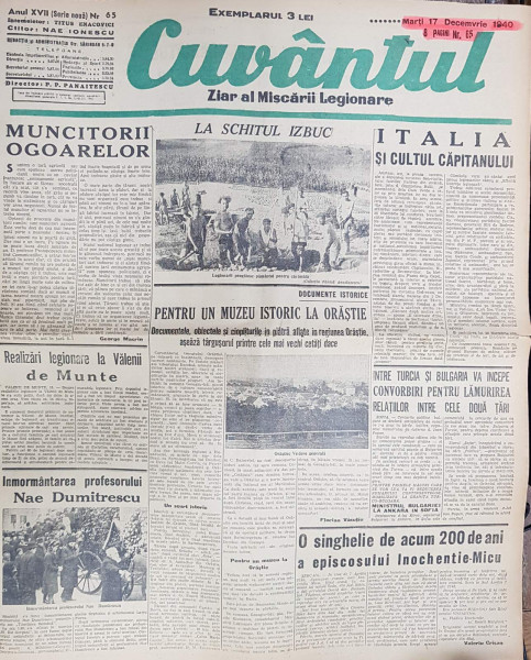 Cuvantul, Ziar al Miscarii Legionare,Anul XVII, Nr 65, Marti, 17 Decembrie 1940