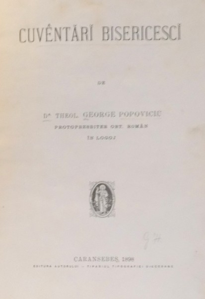 CUVENTARI BISERICESCI de GEORGE POPOVICIU , 1898