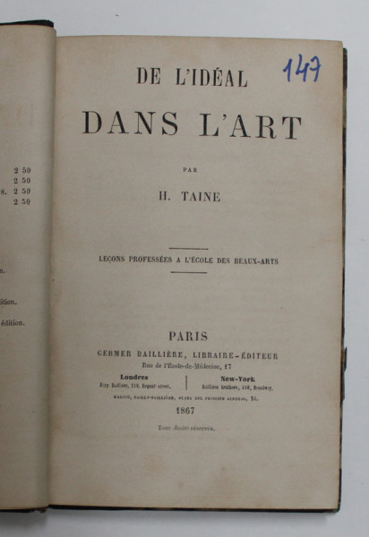D L 'IDEAL DANS L 'ART par H. TAINE , 1867