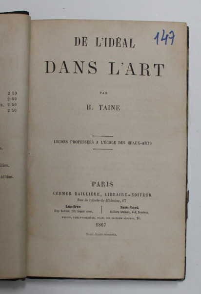 D L 'IDEAL DANS L 'ART par H. TAINE , 1867
