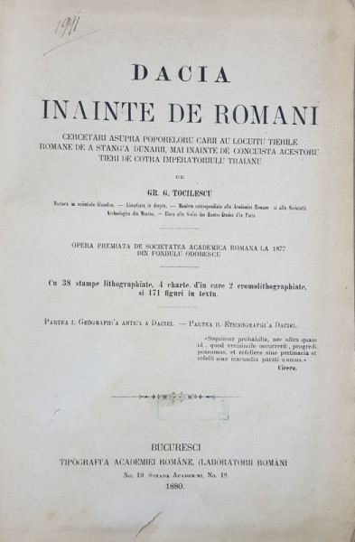 DACIA INAINTE DE ROMANI de GR. G. TOCILESCU , 1880