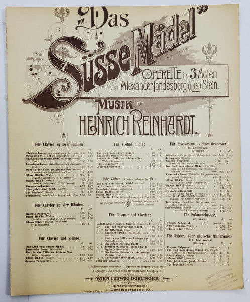 DAS SUSSE MADEL , OPERETTE IN 3 ACTEN von ALEXANDER LANDESBERG und LEO STEIN , INCEPUTUL SEC. XX , PARTITURA