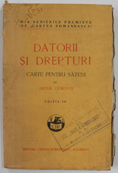 DATORII SI DREPTURI , CARET PENTRU SATENI de ARTUR GOROVEI , 1928