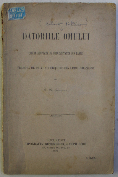 DATORIILE OMULUI - OPERA ADOPTATA DE UNIVERSITATEA DIN PARIS . tradusa de P. M. GEORGESCU , 1892