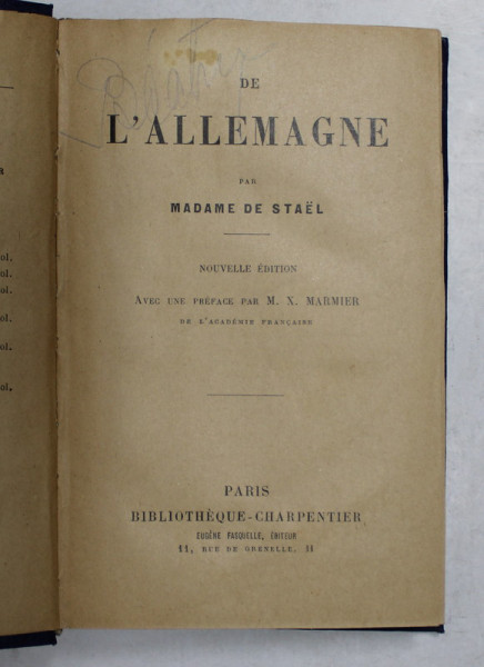 DE L 'ALLEMAGNE par MADAME DE STAEL , EDITIE DE INCEPUT DE SECOL XX