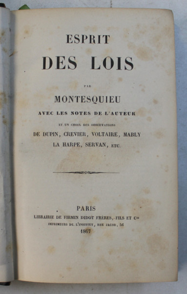 DE L ' ESPRIT DES LOIS par MONTESQUIEU ,  1867