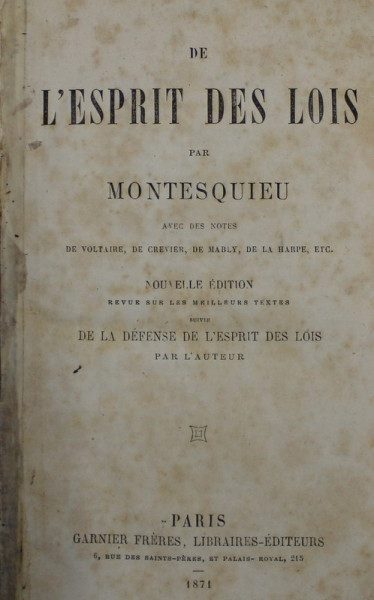 DE L 'ESPRIT DES LOIS par MONTESQUIEU , 1871