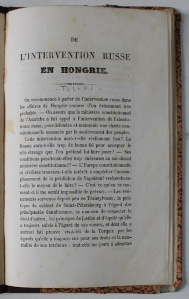 DE L ' INTERVENTION RUSSE A HONGRIE , par TELEKI , SEC . XIX