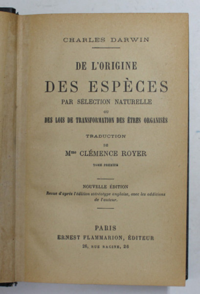 DE L 'ORIGINE DES ESPECES PAR SELECTION NATURELLE par CHARLES DARWIN , 1924