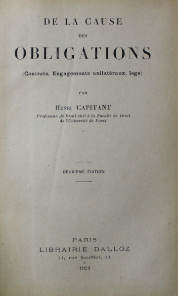 DE LA CAUSE DES OBLIGATIONS par HENRI CAPITANT , 1924