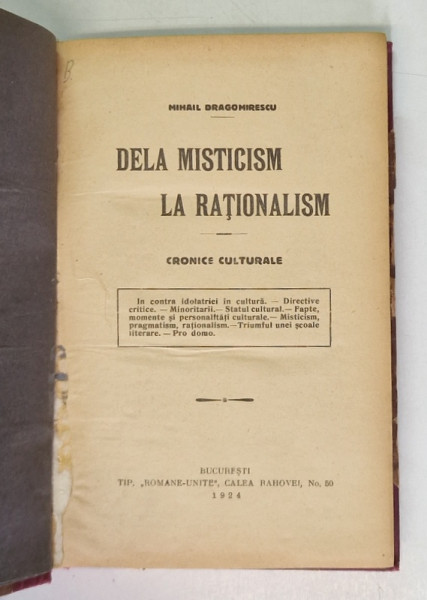 DE LA MISTICISM LA RATIONALISM , CRONICE CULTURALE , 1924,