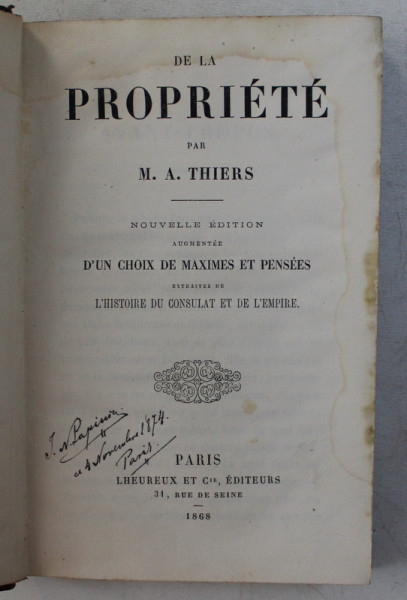 DE LA PROPRIETE par M.A. THIERS , 1868 , PREZINTA HALOURI DE APA *