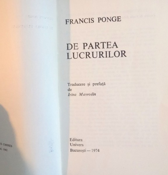 DE PARTEA LUCRURILOR de FRANCIS PONGE, 1974