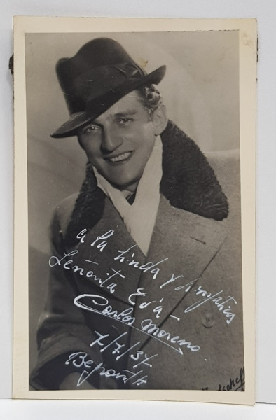 DEDICATIA ARTISTULUI CARLOS MORENO , FOTOGRAFIE TIP CARTE POSTALA , 1937