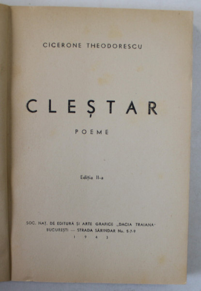 DEDICATIA LUI CICERONE THEODORESCU PE VOLUMUL DE POEME ,  ' CLESTAR ' , 1943 , COPERTA BROSATA , REFACUTA