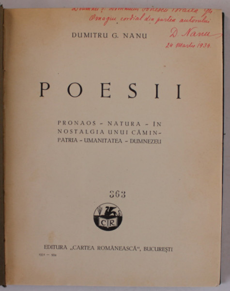DEDICATIA LUI DUMITRU G. NANU PE VOLUMUL ' POESII ' , 1934