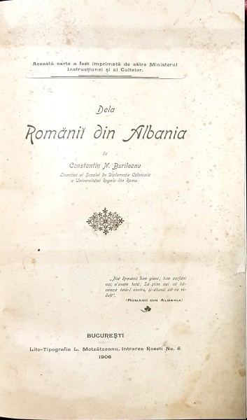 Dela Romanii din Albania de Constantin N. Burileanu - Bucuresti, 1906