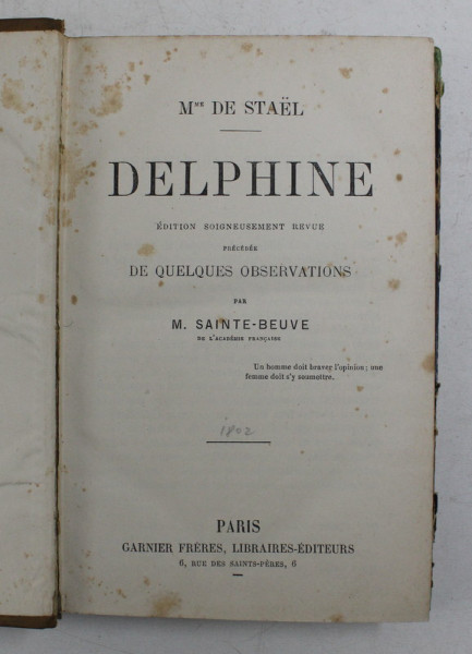 DELPHINE par MADAME DE STAEL , 1802