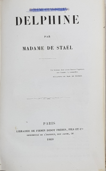 DELPHINE par MADAME DE STAEL - PARIS, 1860