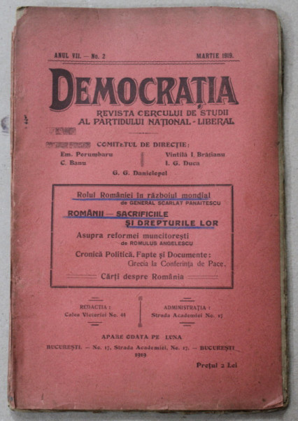 DEMOCRATIA , REVISTA CERCULUI DE STUDII AL PARTIDULUI NATIONAL - LIBERAL , ANUL VII  , No. 2 , MARTIE , 1919