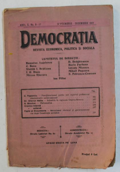 DEMOCRATIA - REVISTA ECONOMICA , POLITICA SI SOCIALA , ANUL X . , NO. 9 - 12 , SEPTEMBRIE - DECEMBRIE , 1922