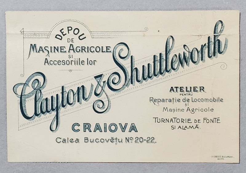 DEPOU DE MASINI AGRICOLE SI ACCESORIILE LOR ' CLAYTON si SHUTTLEWORTH ' , CRAIOVA , RECLAMA PE CARTE POSTALA , LITOGRAFIE  1902