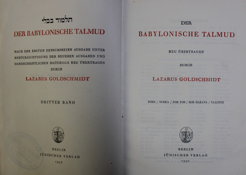 DER BABYLONISCHE TALMUD , VOL. III  - NEU UBERTRAGEN durch LAZARUS GOLDSCHMIDT , 1930