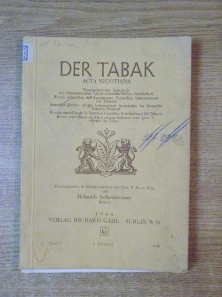 DER TABAK , ACTA NICOTIANA von HELMUTH ASCHENBRENNER , Bremen 1940