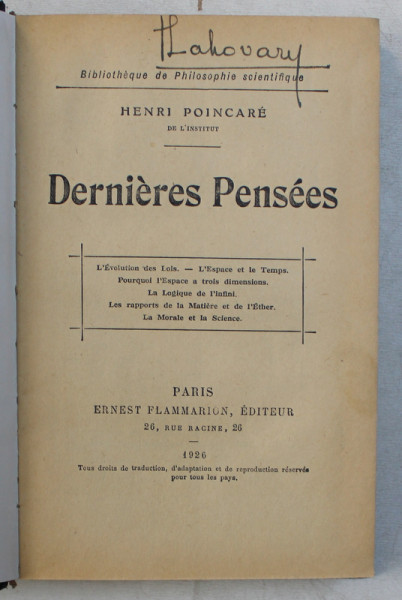DERNIERES PENSEES par HENRI POINCARE , 1926