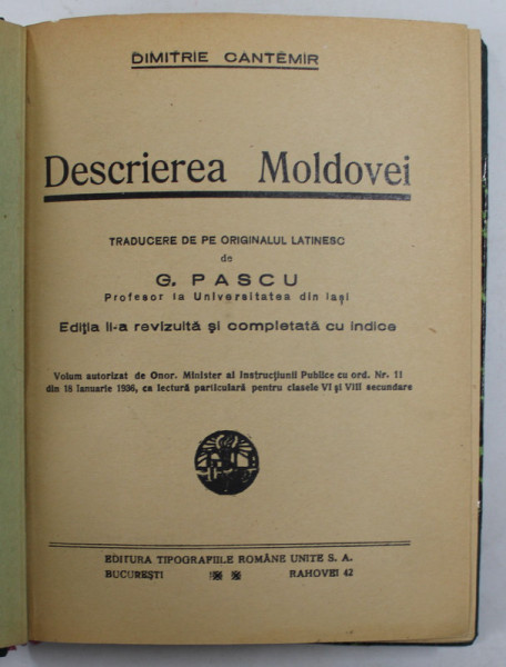 DESCRIEREA MOLDOVEI de DIMITRIE CANTEMIR, EDITIA A II -A REVIZUITA SI COMPLETATA CU INDICE