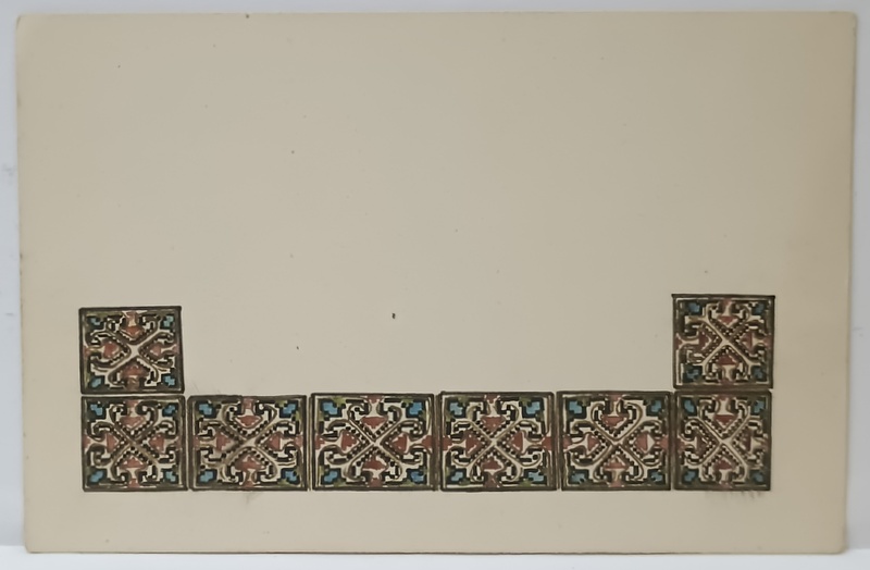 DESEN CU MOTIVE ORNAMENTALE ROMANESTI , CARTE POSTALA , PICTATA MANUAL  , INCEPUTUL SEC. XX