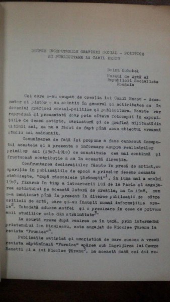 Despre inceputurile graficei social politice si publicitare la Camil Ressu, Doina Doina Schobel 1969 cu dedicatie