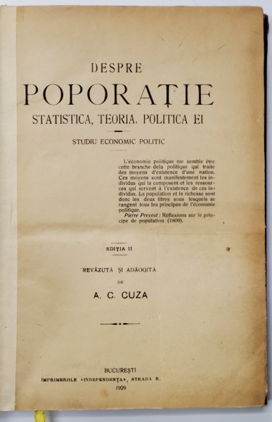 Despre poporatie de A. C. Cuza, Ed. II - Bucuresti, 1929