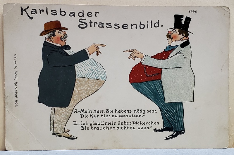 DIALOG PE STRAZILE KARLSBADEN - ULUI , DESEN SATIRIC , CROMOLITOGRAFIE GERMANA , CARTE POSTALA CLASICA