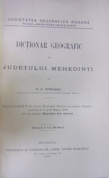DICTIONAR GEOGRAFIC AL JUDETULUI MEHEDINTI de N.D. SPINEANU (1894)