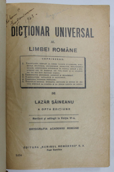 DICTIONAR UNIVERSAL AL LIMBEI ROMANE de LAZAR SAINEANU , A OPTA EDITIUNE , EDITIE INTERBELICA